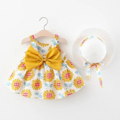 Luxury Modern Bow Print Dress With Hat For Baby