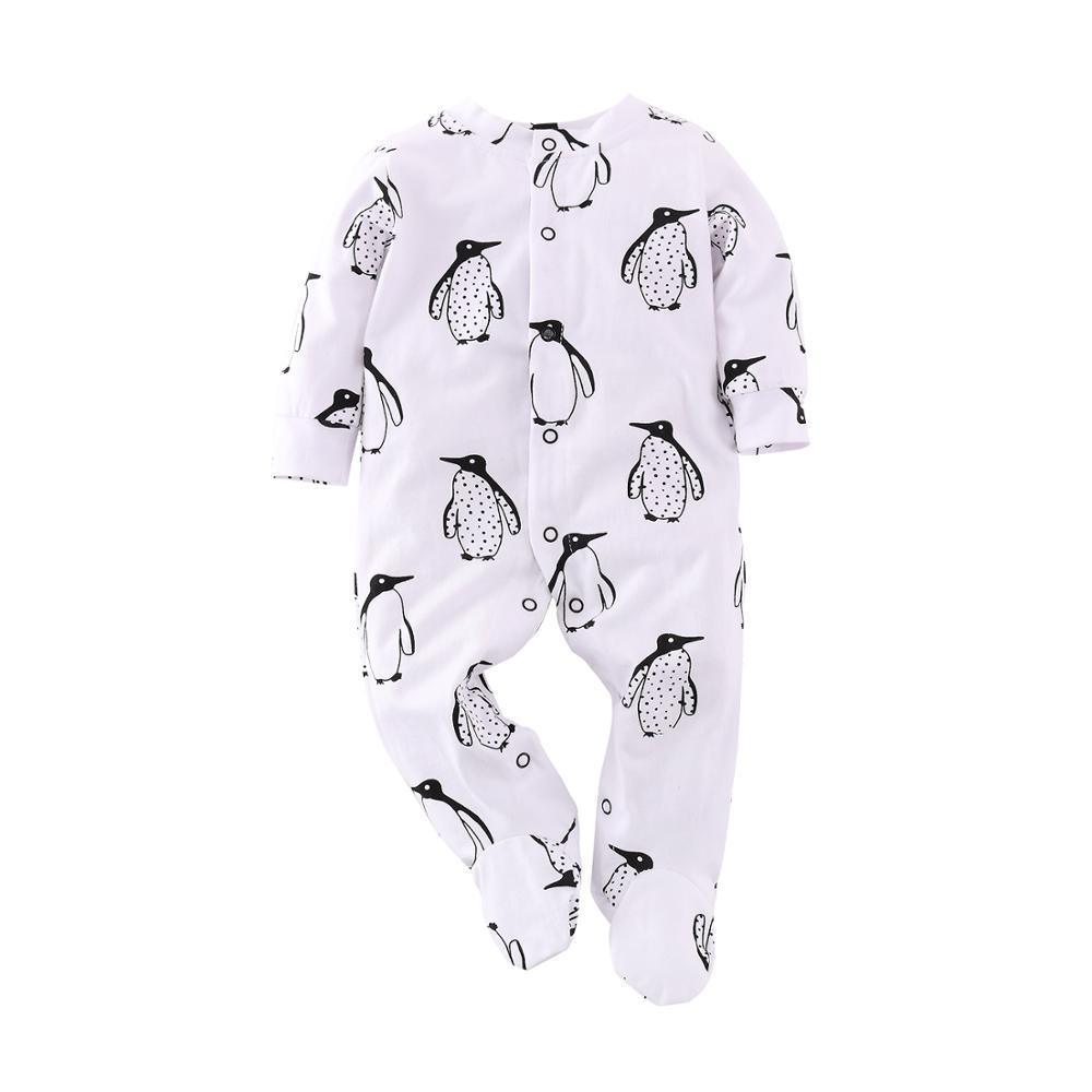 Stevvex baby romper long sleeve footed jumpsuit with penguin print, white with black penguins on Tampa Home & Garden Store