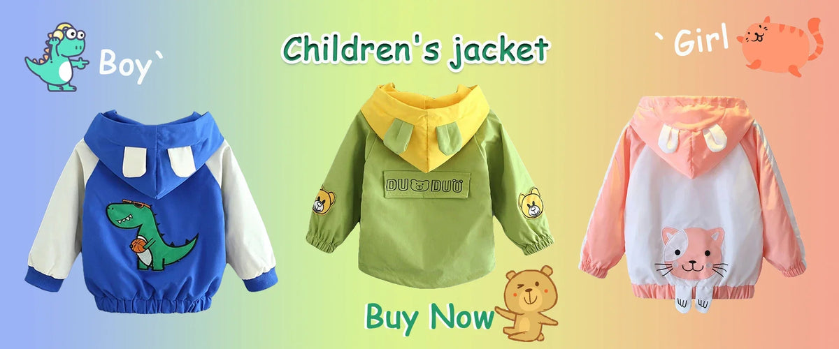 Kids winter down jackets 3-pack: blue dinosaur parka, green hooded coat, pink cat windbreaker on Tampa Home & Garden Store