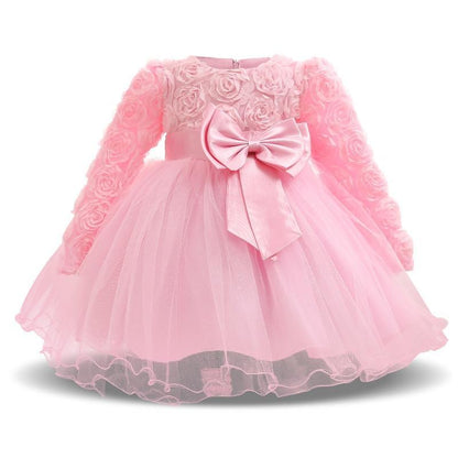 Stevvex pink baby dress gown with rose-embellished bodice, tulle skirt, satin bow on Tampa Home & Garden Store