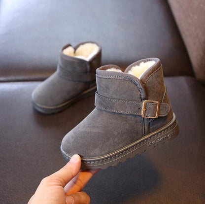 Toddler winter snow boots in dark gray suede-like upper with plush lining and buckle strap on Tampa Home & Garden Store