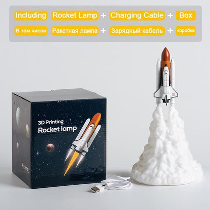 Rocket lamp 3D-printed night light by Stevvex; white rocket on cloud base, USB cable included on Tampa Home & Garden Store