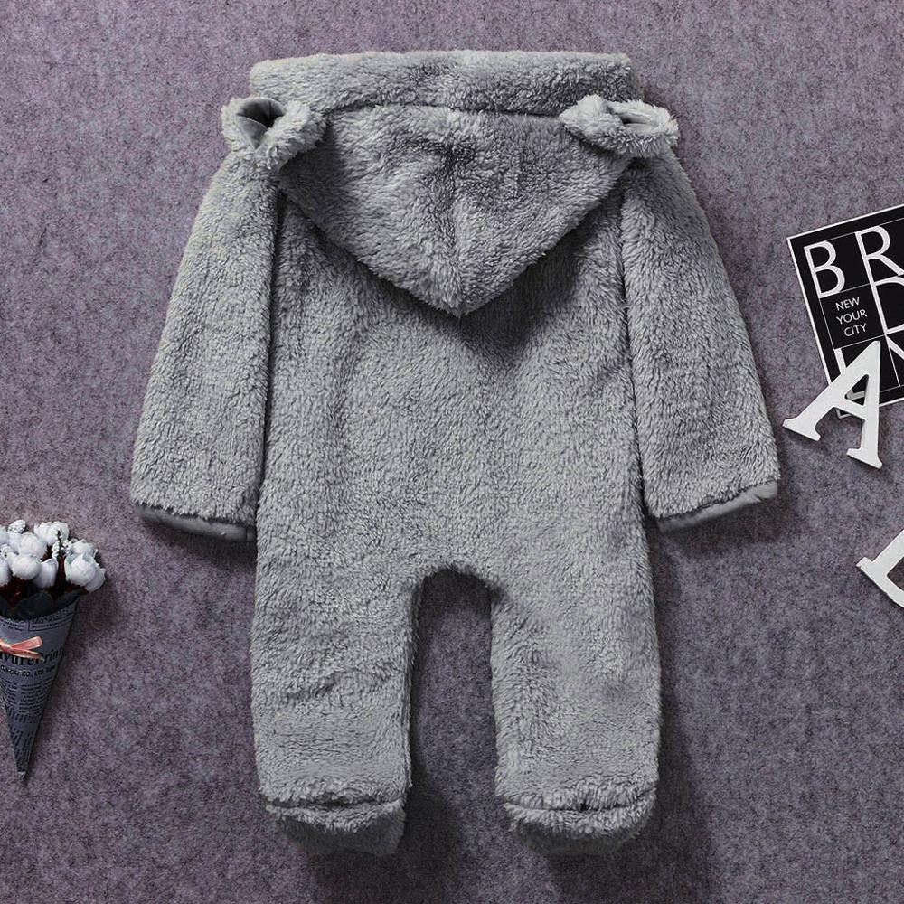 Gray plush fleece hooded baby romper jumpsuit, full-body one-piece for infants on Tampa Home & Garden Store