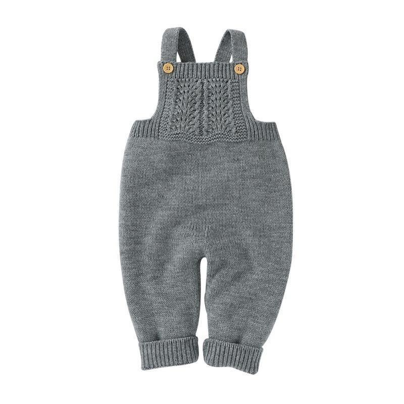 Stevvex grey knit baby romper overalls with wooden buttons on Tampa Home & Garden Store