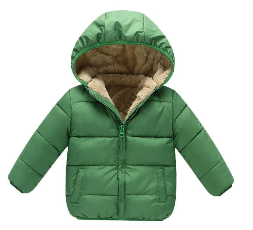 Baby green puffer jacket with hood, beige faux fur lining, zip front outerwear on Tampa Home & Garden Store