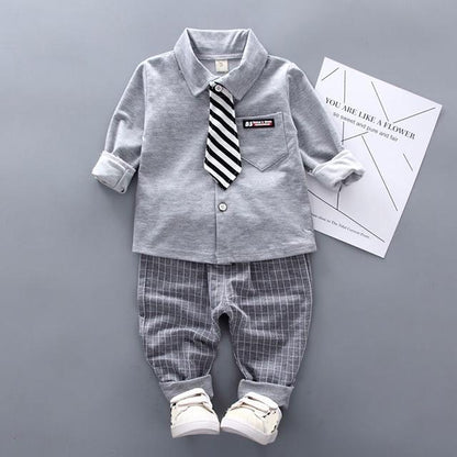 Baby boy formal outfit set by Stevvex: gray shirt with striped tie and gray plaid pants on Tampa Home & Garden Store