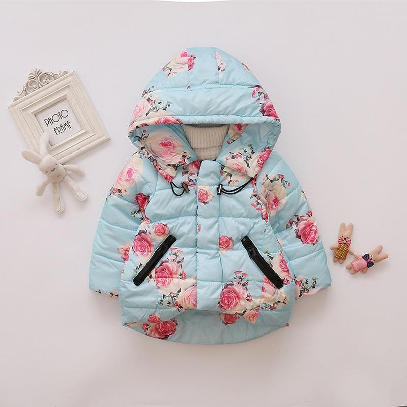 Baby floral hooded puffer jacket in light blue with pink roses and black zip pockets by Stevvex on Tampa Home & Garden Store