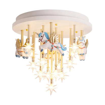 DecorBites resin horse paper crane ceiling light with three blue pink horses, LED bulbs on Tampa Home & Garden Store