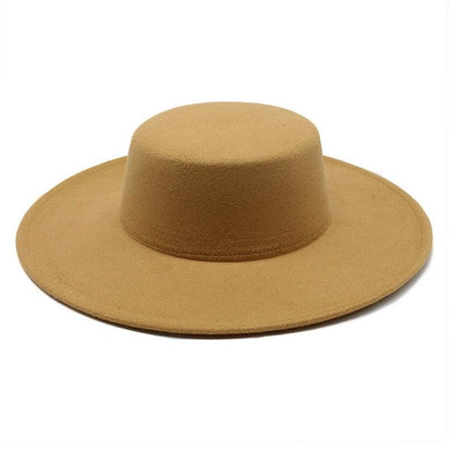 Tan wide-brim fedora for women, cotton hat with flat crown on Tampa Home & Garden Store