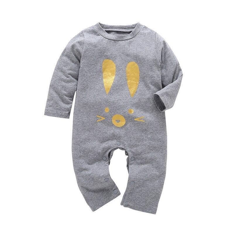 Stevvex grey long-sleeve baby romper with yellow bunny face print, snaps at legs on Tampa Home & Garden Store