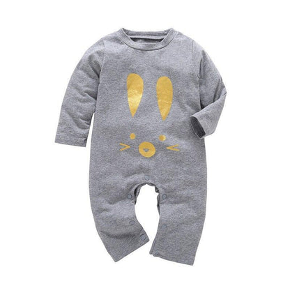 Stevvex grey long-sleeve baby romper with yellow bunny face print, snaps at legs on Tampa Home & Garden Store