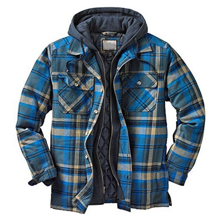 Men's plaid hooded puffer jacket Stevvex, blue check pattern with pockets and quilted lining on Tampa Home & Garden Store