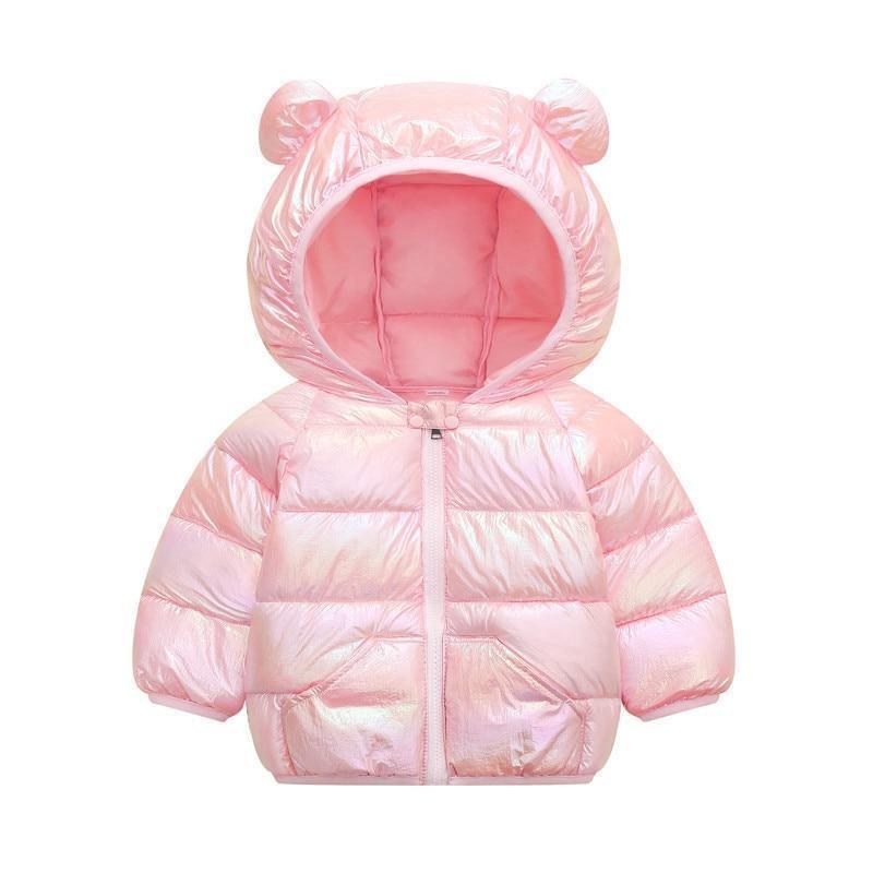 Shiny pink toddler hooded puffer coat with bear ears and front zipper, girls winter outerwear on Tampa Home & Garden Store