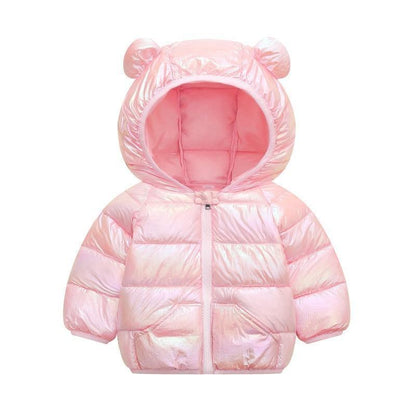 Shiny pink toddler hooded puffer coat with bear ears and front zipper, girls winter outerwear on Tampa Home & Garden Store