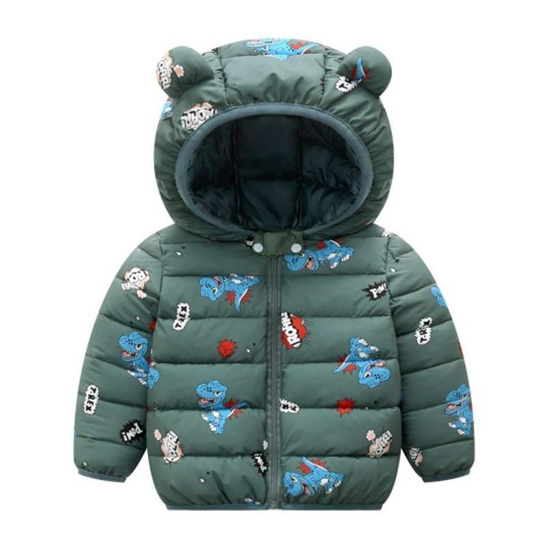 Infant hooded puffer jacket in green with blue dinosaur print by Stevvex for winter on Tampa Home & Garden Store
