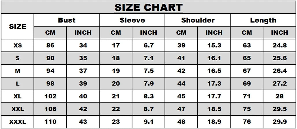 Men's Summer Letter Print T-Shirt size chart showing bust sleeve shoulder length XS–XXXL on Tampa Home & Garden Store