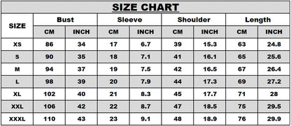 Men's Summer Letter Print T-Shirt size chart showing bust sleeve shoulder length XS–XXXL on Tampa Home & Garden Store