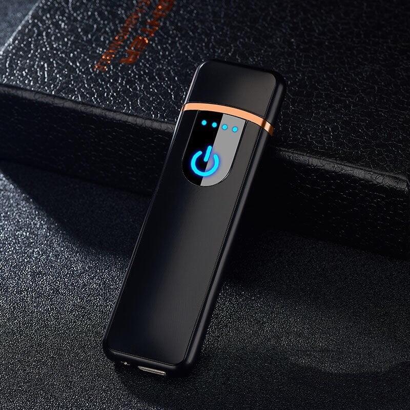 Stevvex USB electronic lighter with fingerprint induction, black metal body, blue power button on Tampa Home & Garden Store