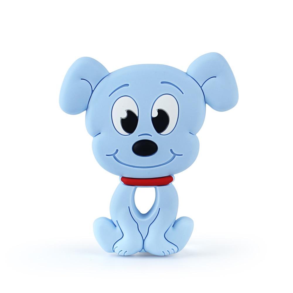 Dog-shaped silicone teether by Stevvex, blue baby teething toy with red collar on Tampa Home & Garden Store