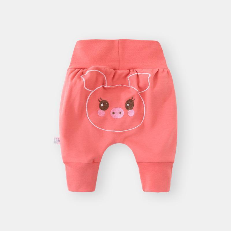 Stevvex baby thick cotton pants pink with pig print, high elastic waist, cuffed ankles, 3–24M on Tampa Home & Garden Store