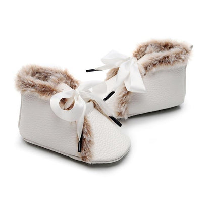 Stevvex baby PU boots white faux leather with fur trim, bowknot lace-up, warm first walkers on Tampa Home & Garden Store