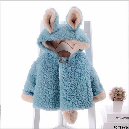 Baby girl bunny hooded fleece jacket sky blue plush coat with beige lining and ears on Tampa Home & Garden Store