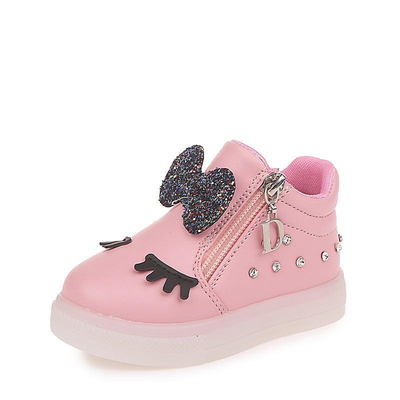 Stevvex pink baby sneaker with glitter bow, eyelash applique, zipper and crystal studs on Tampa Home & Garden Store