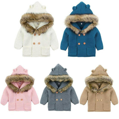 Stevvex knit hooded baby coat with fur collar in six colors for boys and girls on Tampa Home & Garden Store