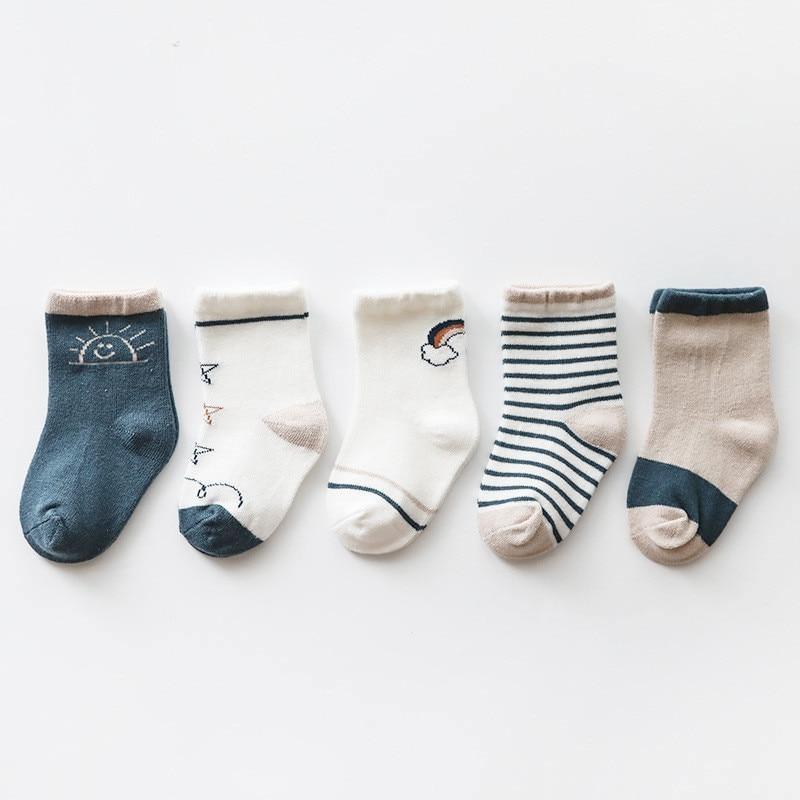 Baby socks 5-pack Stevvex cotton newborn set; assorted navy/teal, striped and cloud-pattern designs on Tampa Home & Garden Store