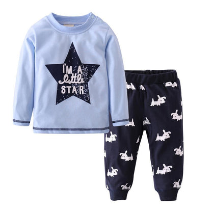 Newborn boy 2-piece outfit set with light blue star T-shirt and navy bunny-print pants Stevvex on Tampa Home & Garden Store