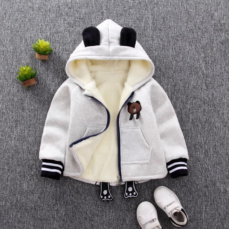 Stevvex baby bear coat, light gray fleece, hood with black ears, chest bear patch, zip front on Tampa Home & Garden Store
