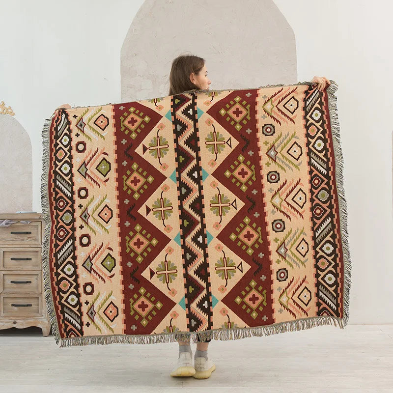 DecorBites Knitted Nordic Plaid Blanket burgundy cream teal throw with fringed edges on Tampa Home & Garden Store