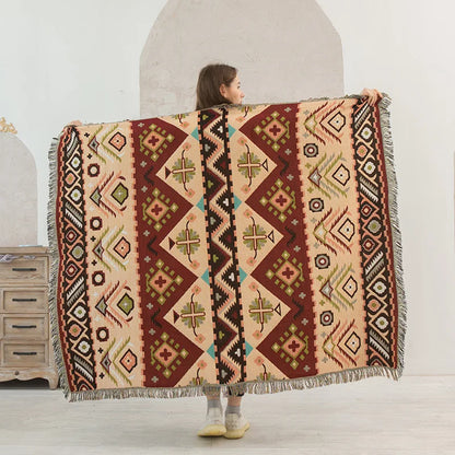 DecorBites Knitted Nordic Plaid Blanket burgundy cream teal throw with fringed edges on Tampa Home & Garden Store