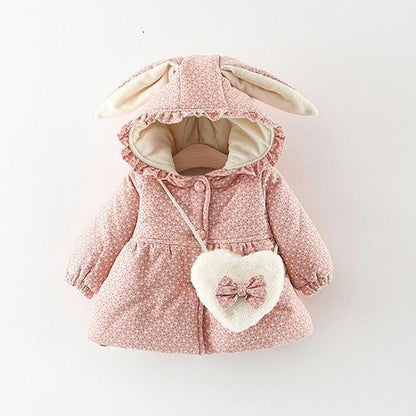 Stevvex newborn girl pink hooded cotton-padded jacket with bunny ears and heart plush bag on Tampa Home & Garden Store