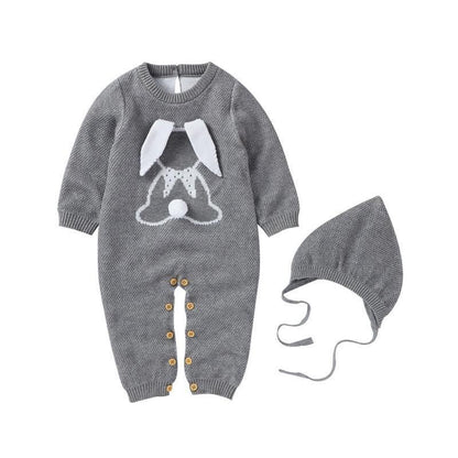 Stevvex gray knitted baby romper and hat with bunny motif, two-piece, sleeves, wood buttons on Tampa Home & Garden Store