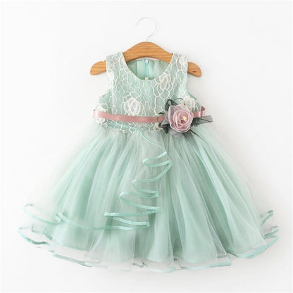 Stevvex baby dress mint lace bodice with pink sash and flower, layered tulle skirt on Tampa Home & Garden Store