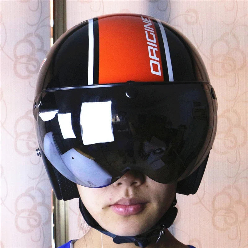 Universal 3-Snap Visor for open-face motorcycle helmet with dark mirrored visor on Tampa Home & Garden Store