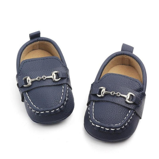 Stevvex navy blue leather baby shoes loafers with silver horsebit and white stitching on Tampa Home & Garden Store