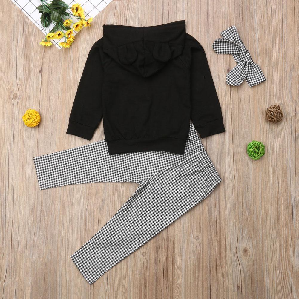 Stevvex 1-6Y baby girls hooded black pullover with ruffle hood, plaid pants and headband on Tampa Home & Garden Store