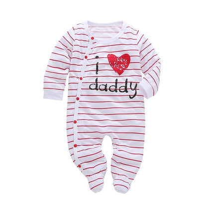 Baby romper long sleeve white with red stripes, red heart and daddy text, footed sleepwear on Tampa Home & Garden Store