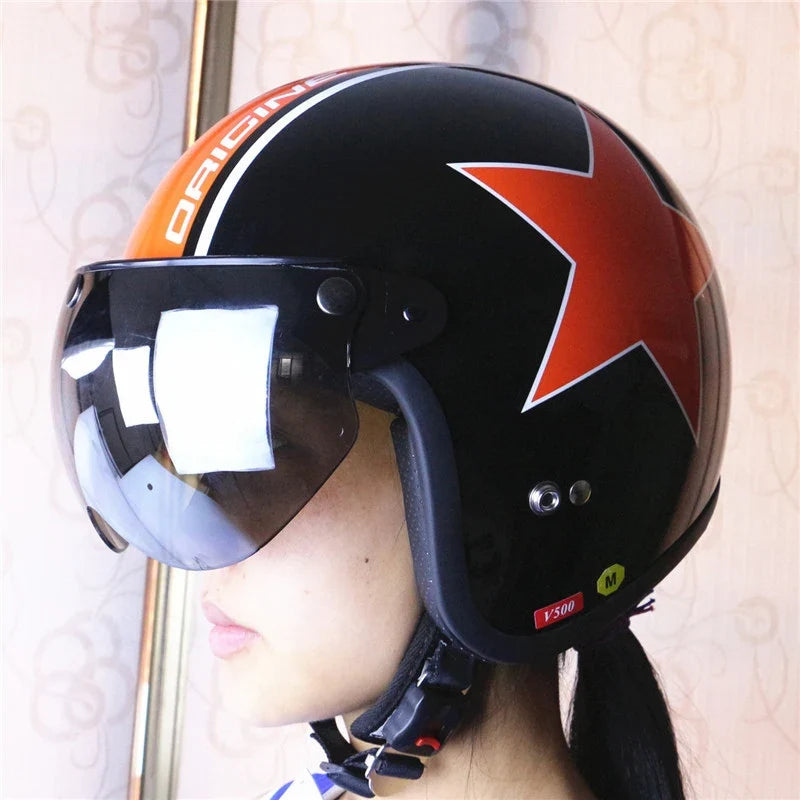 Universal 3-Snap Visor for open-face motorcycle helmet, black with orange star, BikerZoneZ on Tampa Home & Garden Store