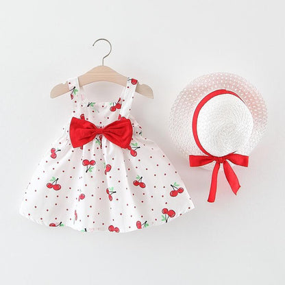 Luxury Handmade Newborn Baby Girl Dress with Hat by Stevvex, white cherry print with red bow on Tampa Home & Garden Store