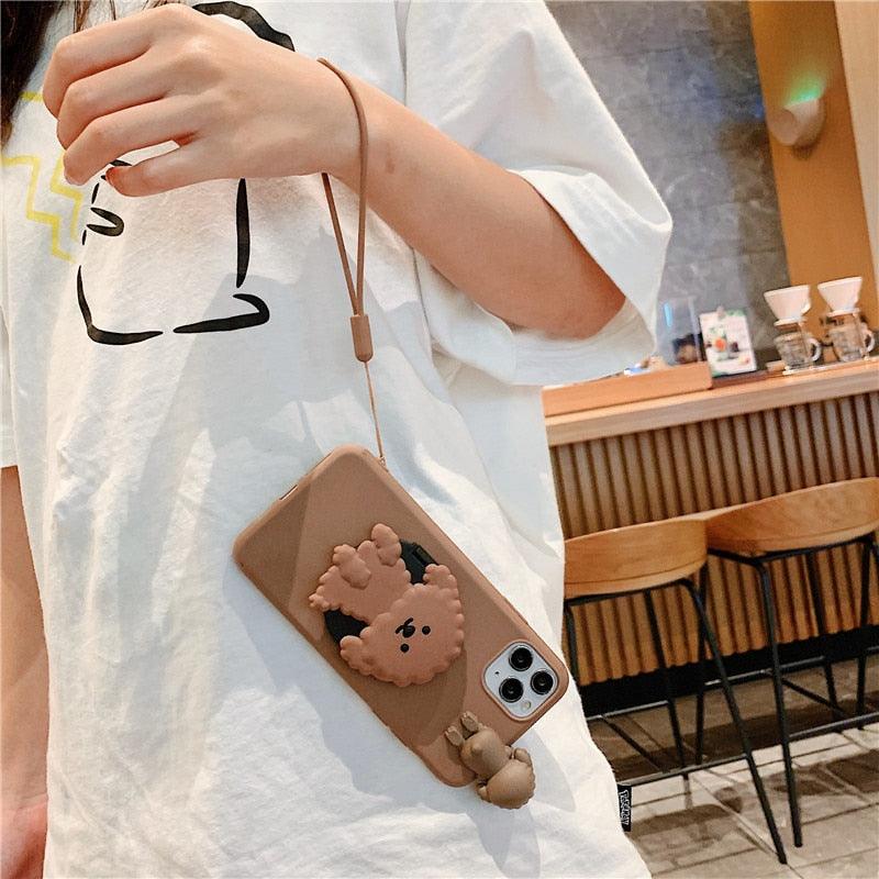 3D Cute Cartoon Dog Mirror Stand Phone Case with lanyard, beige silicone, Stevvex for iPhone on Tampa Home & Garden Store