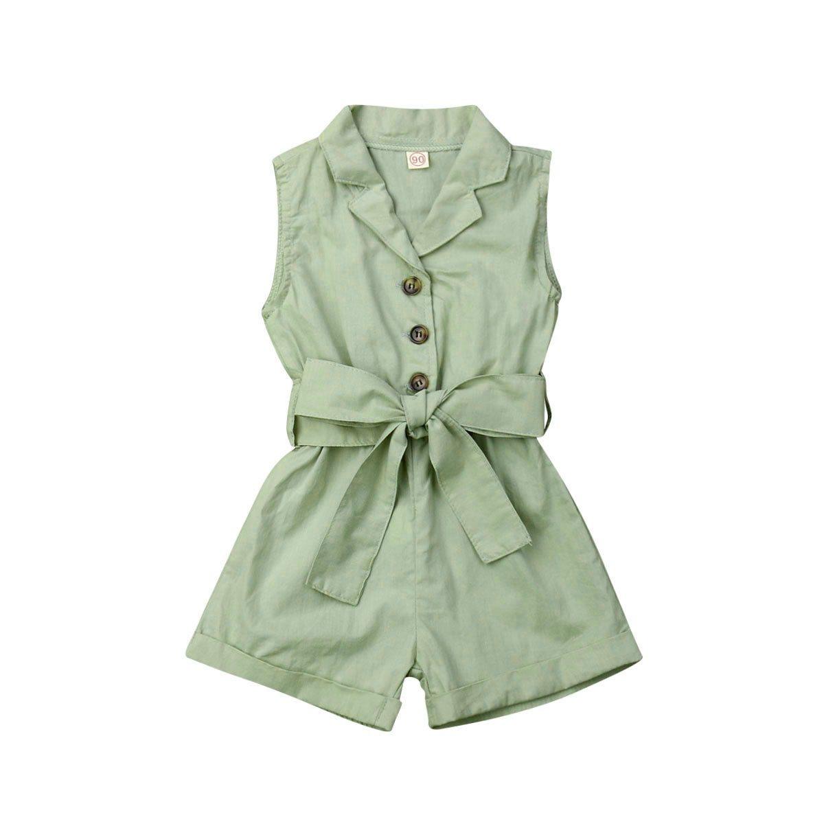 Stevvex girls sage green sleeveless romper jumpsuit with collar, button front and waist bow belt on Tampa Home & Garden Store