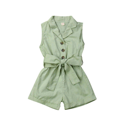Stevvex girls sage green sleeveless romper jumpsuit with collar, button front and waist bow belt on Tampa Home & Garden Store