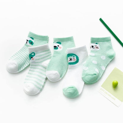 Stevvex 5-pair cotton baby socks set for girls, mint green with cartoon faces, breathable mesh on Tampa Home & Garden Store