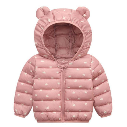 Padded pink baby jacket with hood and bear ears, quilted cotton Stevvex outerwear for babies on Tampa Home & Garden Store