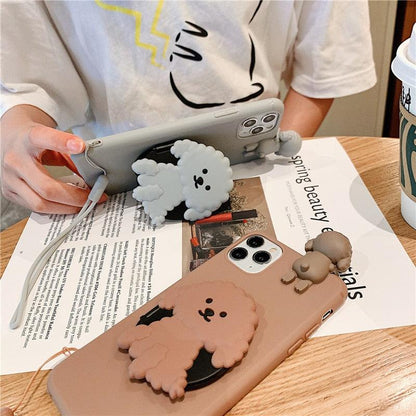 Stevvex 3D Cute Cartoon Dog Mirror Stand Phone Case for iPhone, pink gray with lanyard on Tampa Home & Garden Store