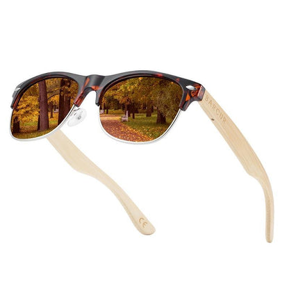 Wooden bamboo sunglasses with tortoiseshell frame and beige temples, polarized UV400 on Tampa Home & Garden Store