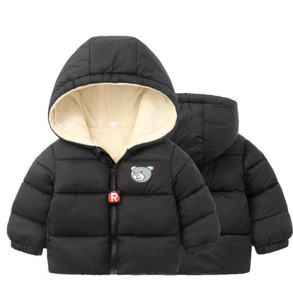 Stevvex infant hooded puffer jackets black with beige lining bear patch front zipper on Tampa Home & Garden Store
